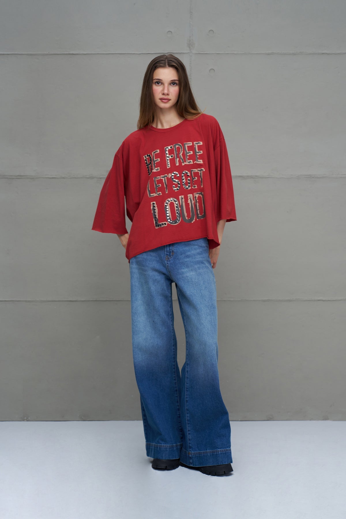 Maroon Slogan Asymmetric Oversized T-shirt 18035