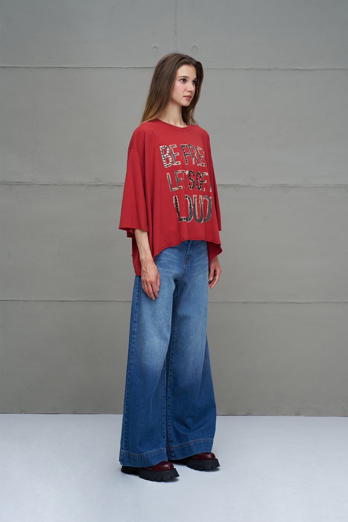 Maroon Slogan Asymmetric Oversized T-shirt 18035