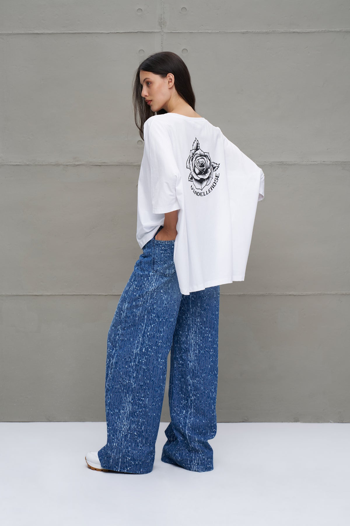 White Printed Asymmetric Oversized T-shirt 18037