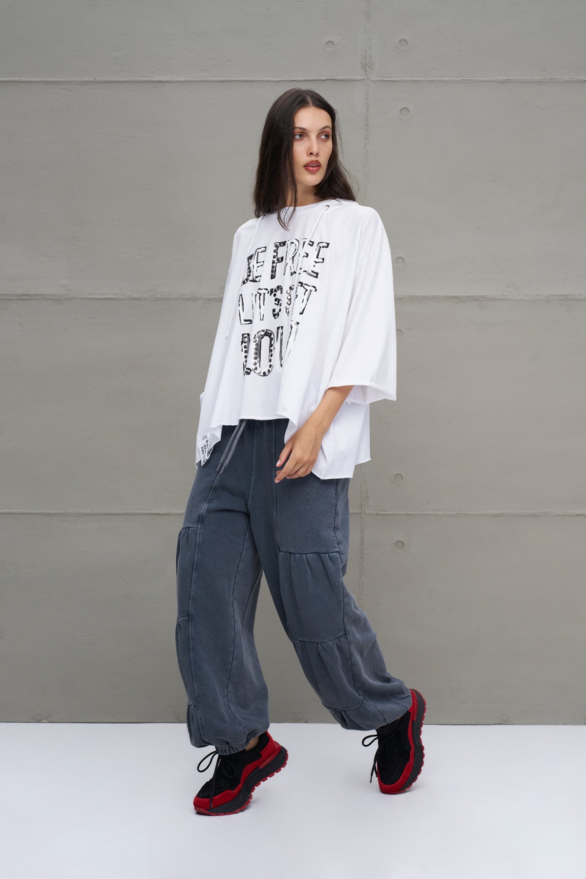 White Slogan Asymmetric Oversized Hooded T-shirt 18042