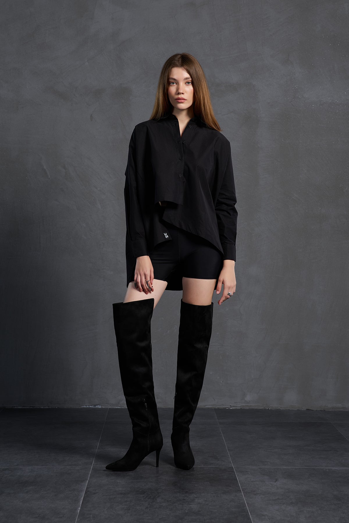 Black Asymmetric Oversize Poplin Shirt 18049