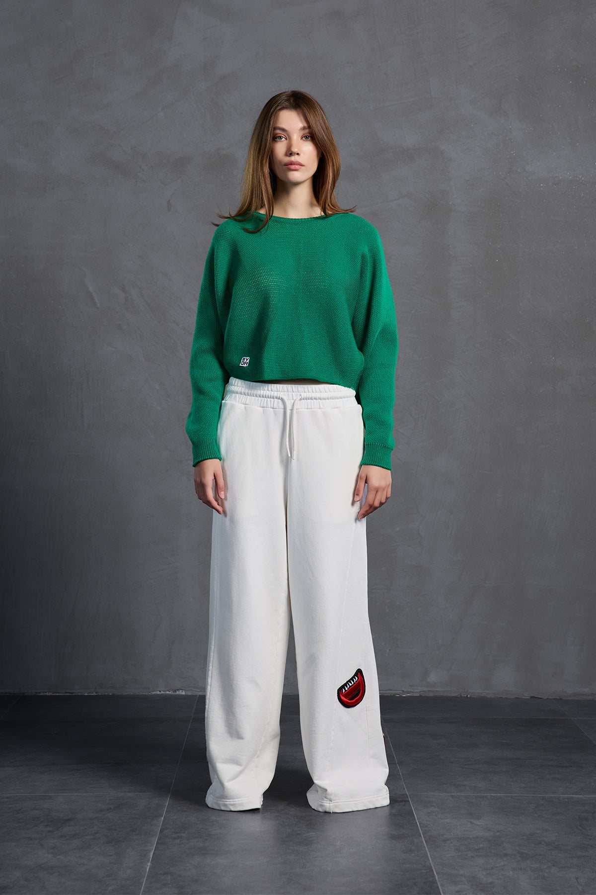 Green Boat Neck Text Print Knit Sweater 18053