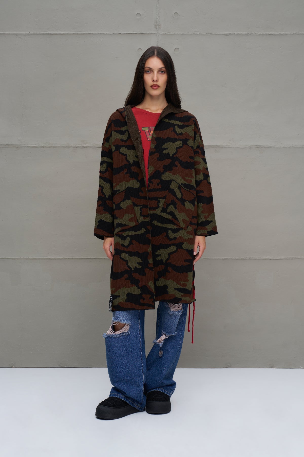 Black Khaki Maroon Camouflage Print Oversized Knit Cardigan 18056