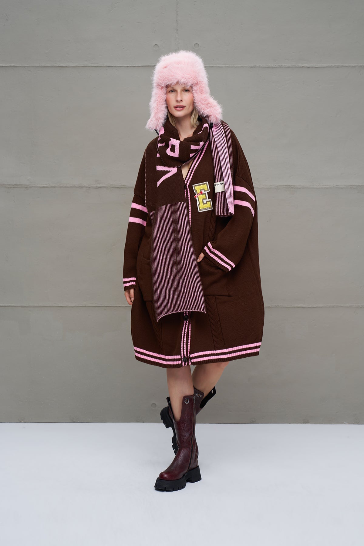 Brown Light Pink Long Oversized Knit Cardigan 18058