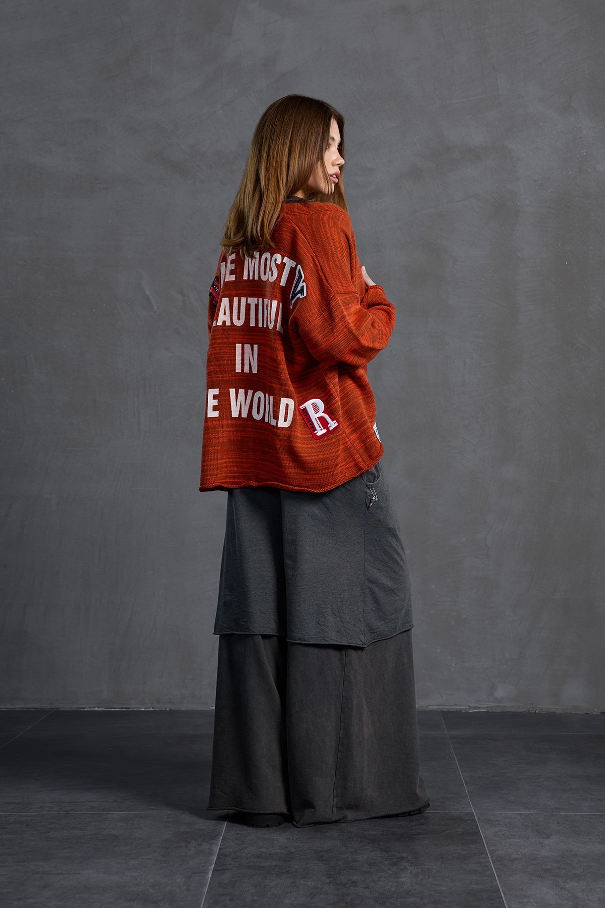 Brown Orange Slogan Oversize Knit Cardigan 18062