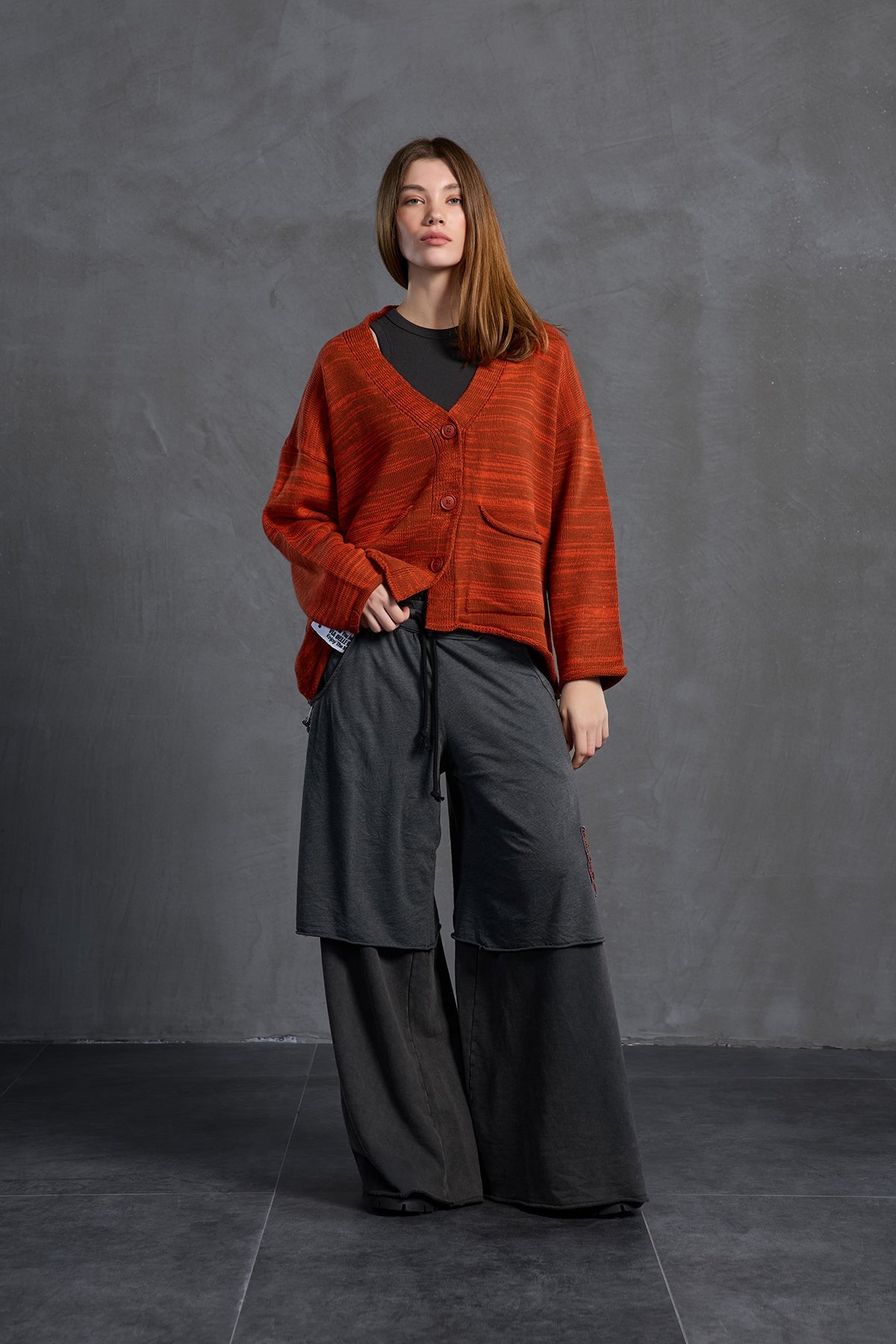 Brown Orange Slogan Oversize Knit Cardigan 18062