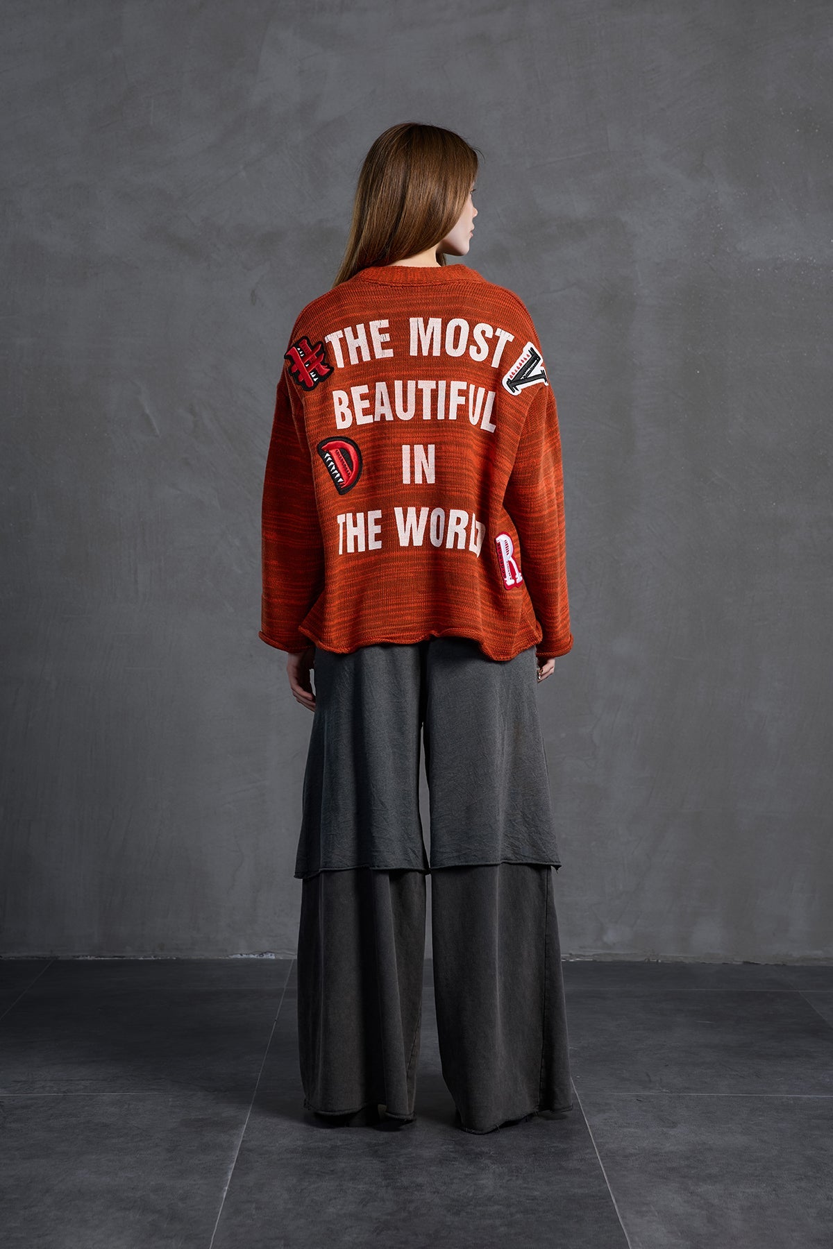 Brown Orange Slogan Oversize Knit Cardigan 18062