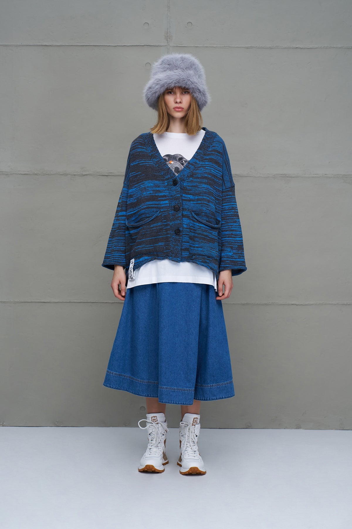 Anthracite Blue Slogan Oversized Knit Cardigan 18062