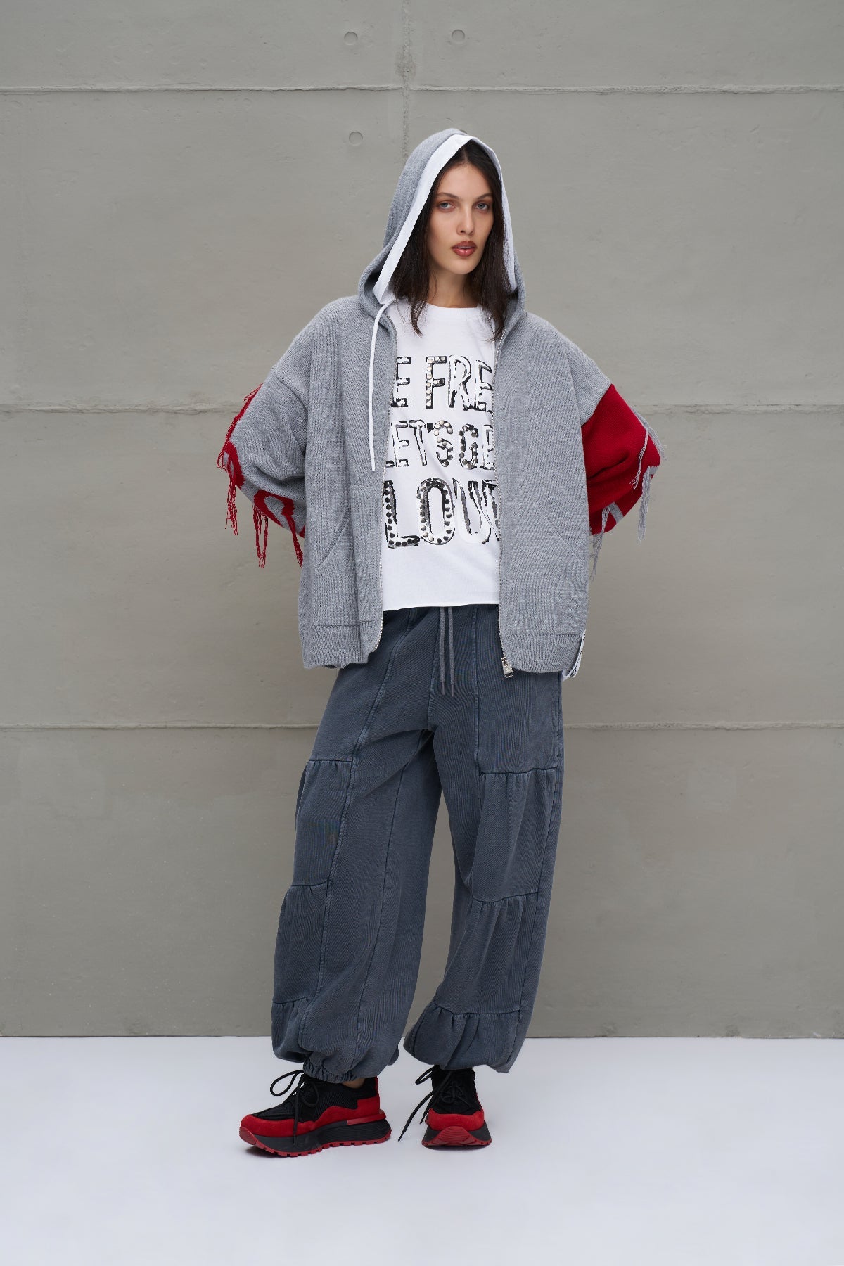 Grey Melange Red Hooded Zip-up Oversized Knit Sweater 18070