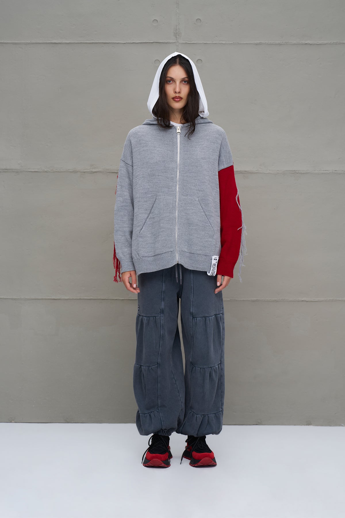 Grey Melange Red Hooded Zip-up Oversized Knit Sweater 18070