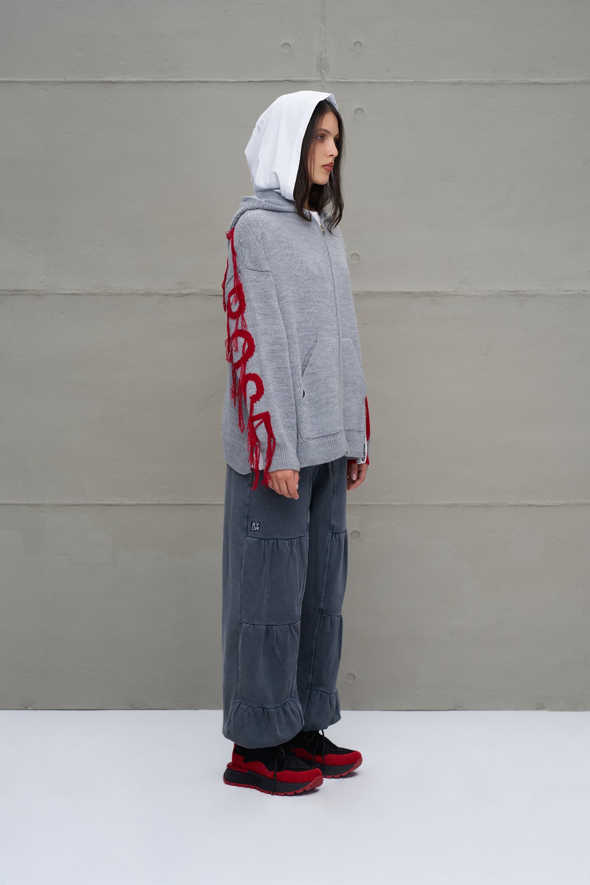 Grey Melange Red Hooded Zip-up Oversized Knit Sweater 18070