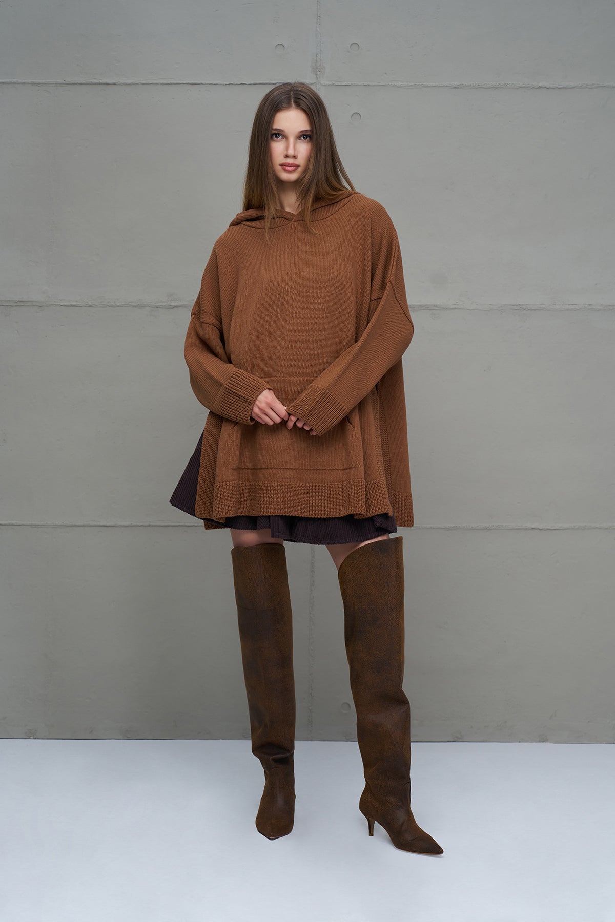 Brown Hooded Oversized Knit Sweater 18071