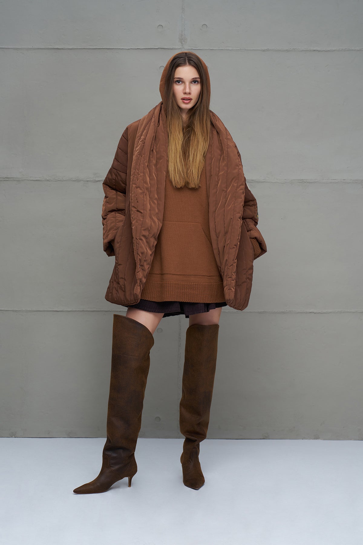Brown Hooded Oversized Knit Sweater 18071