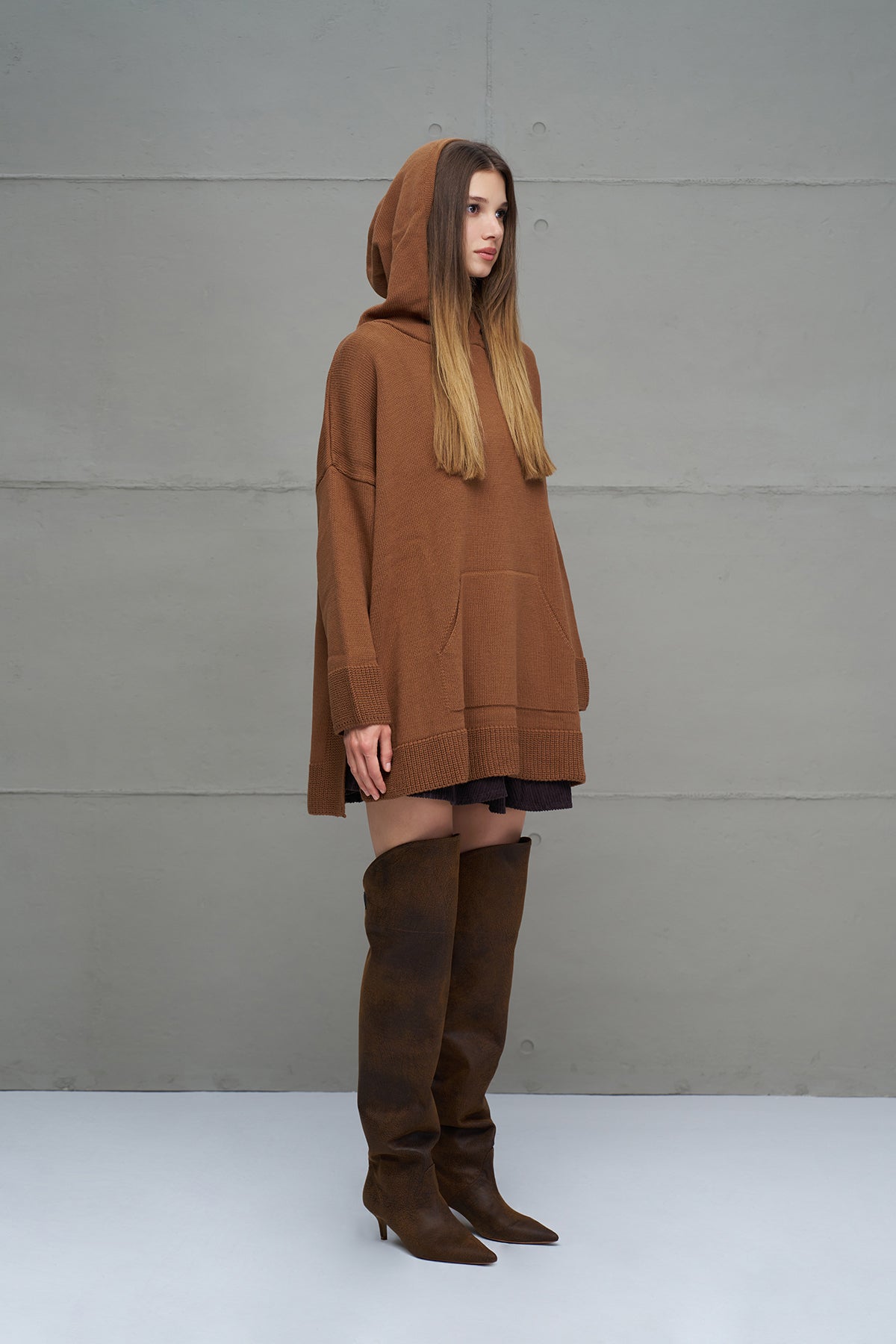 Brown Hooded Oversized Knit Sweater 18071