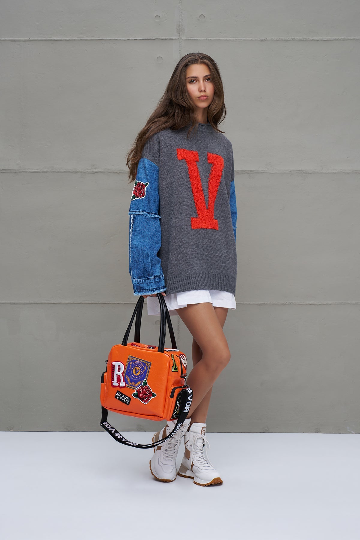 Grey Melange Blue Letter Print Oversized Knit Sweater 18073