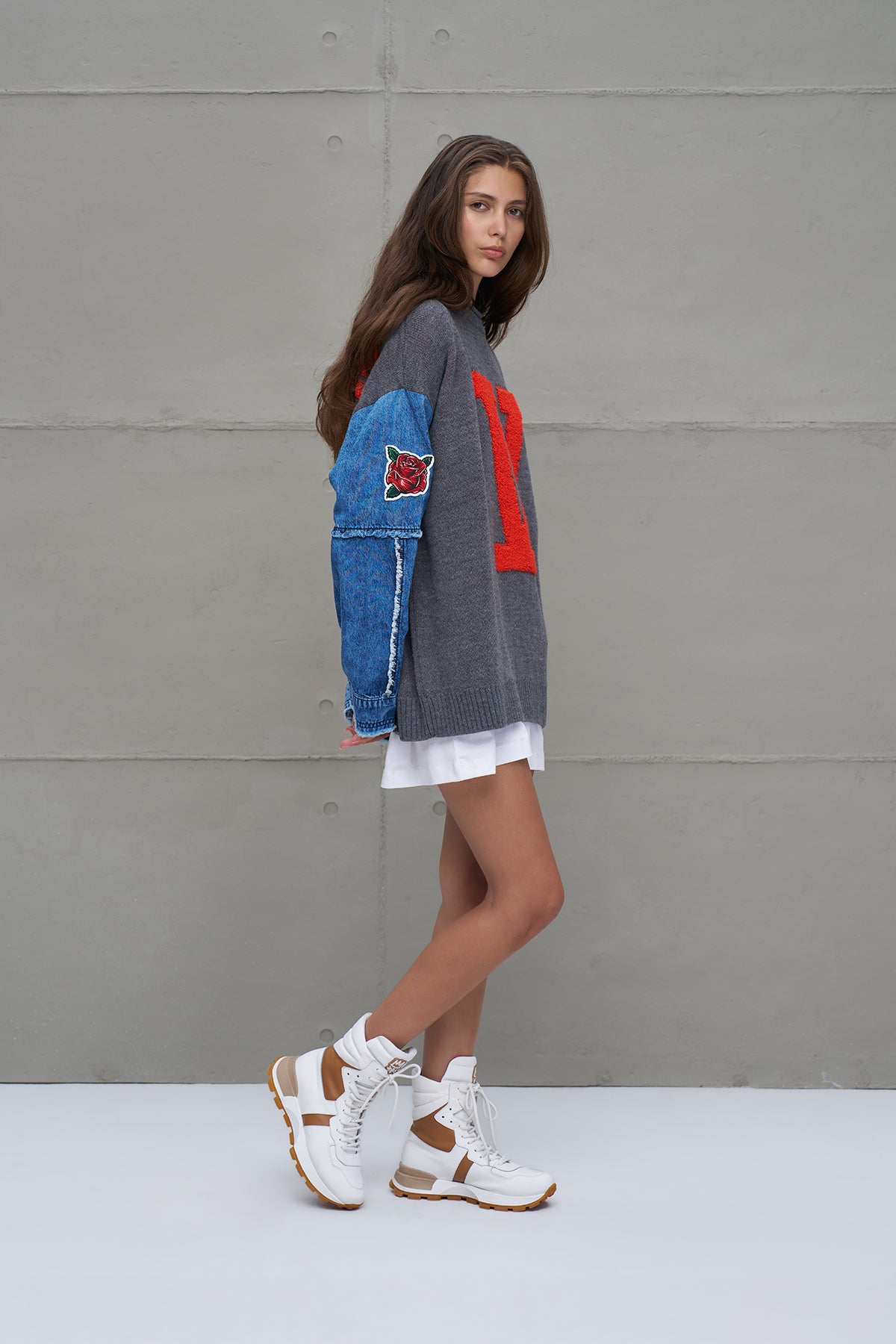 Grey Melange Blue Letter Print Oversized Knit Sweater 18073