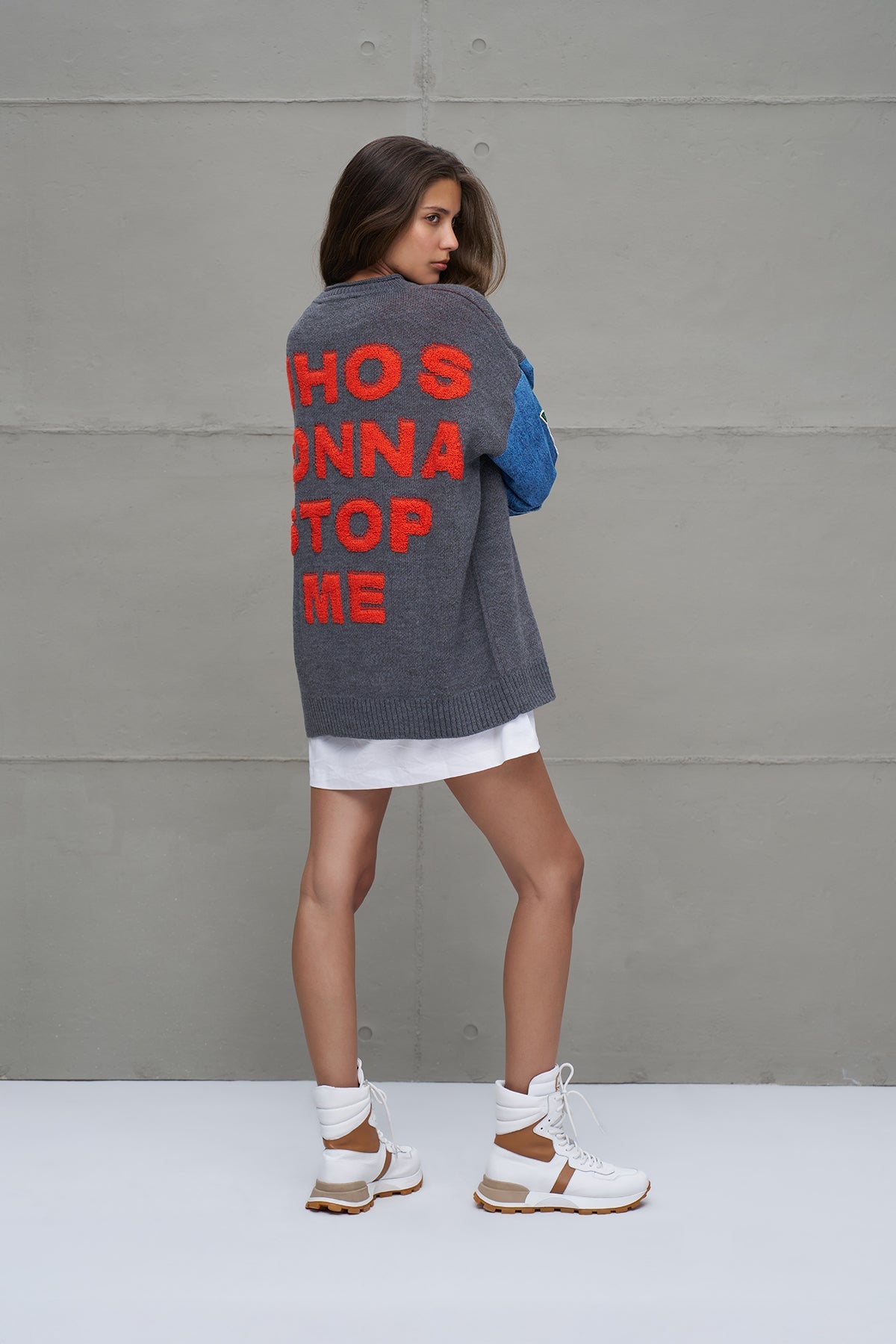 Grey Melange Blue Letter Print Oversized Knit Sweater 18073