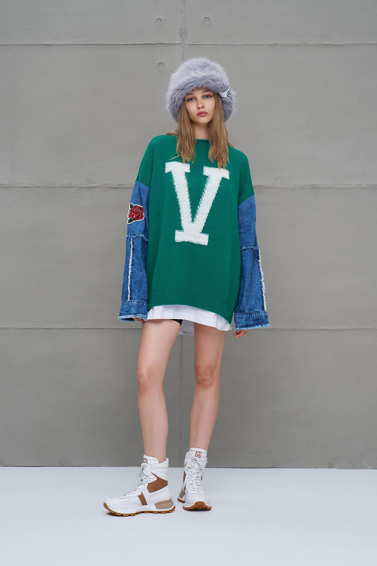 Green Blue Letter Print Oversized Knit Sweater 18073