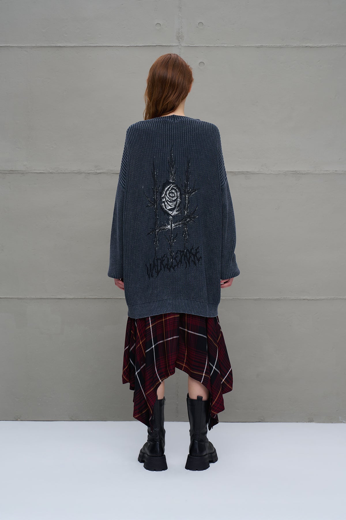 Anthracite Back Patterned Oversized Knit Cardigan 18074