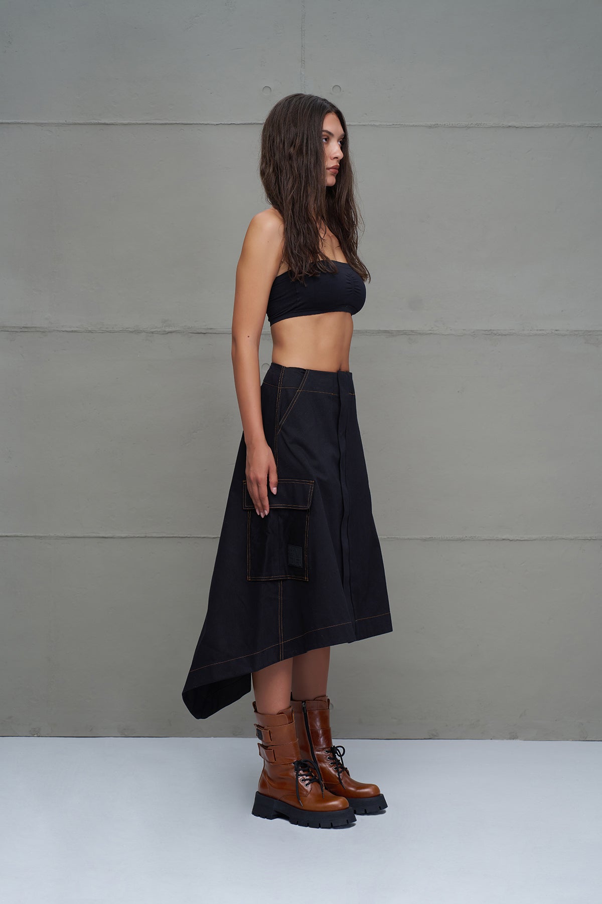 Black Asymmetric Flared Denim Midi Skirt 18079