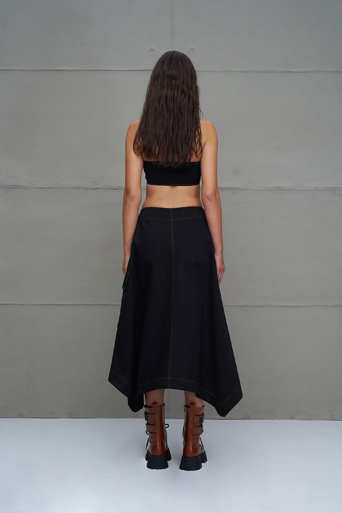 Black Asymmetric Flared Denim Midi Skirt 18079