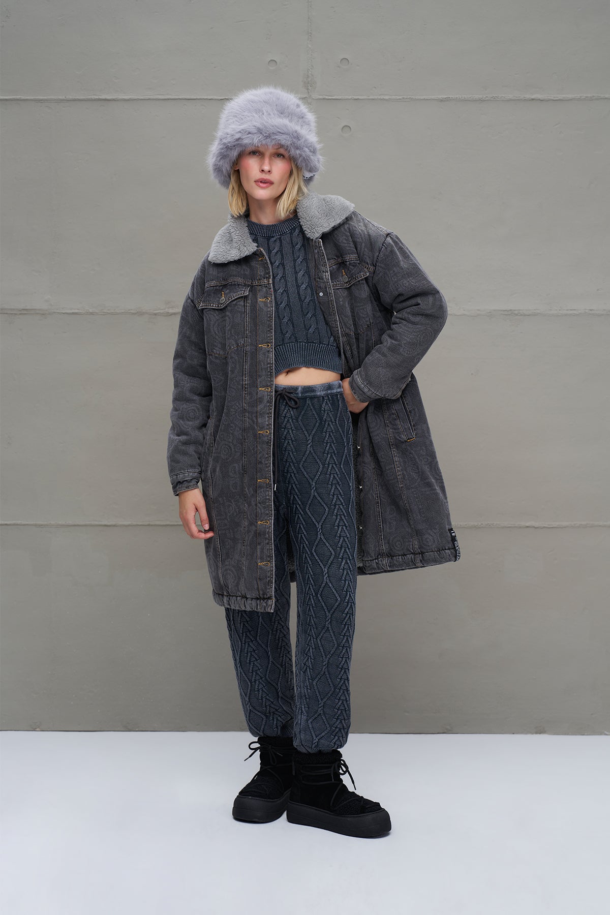 Anthracite Faux Fur Long Denim Coat 18098