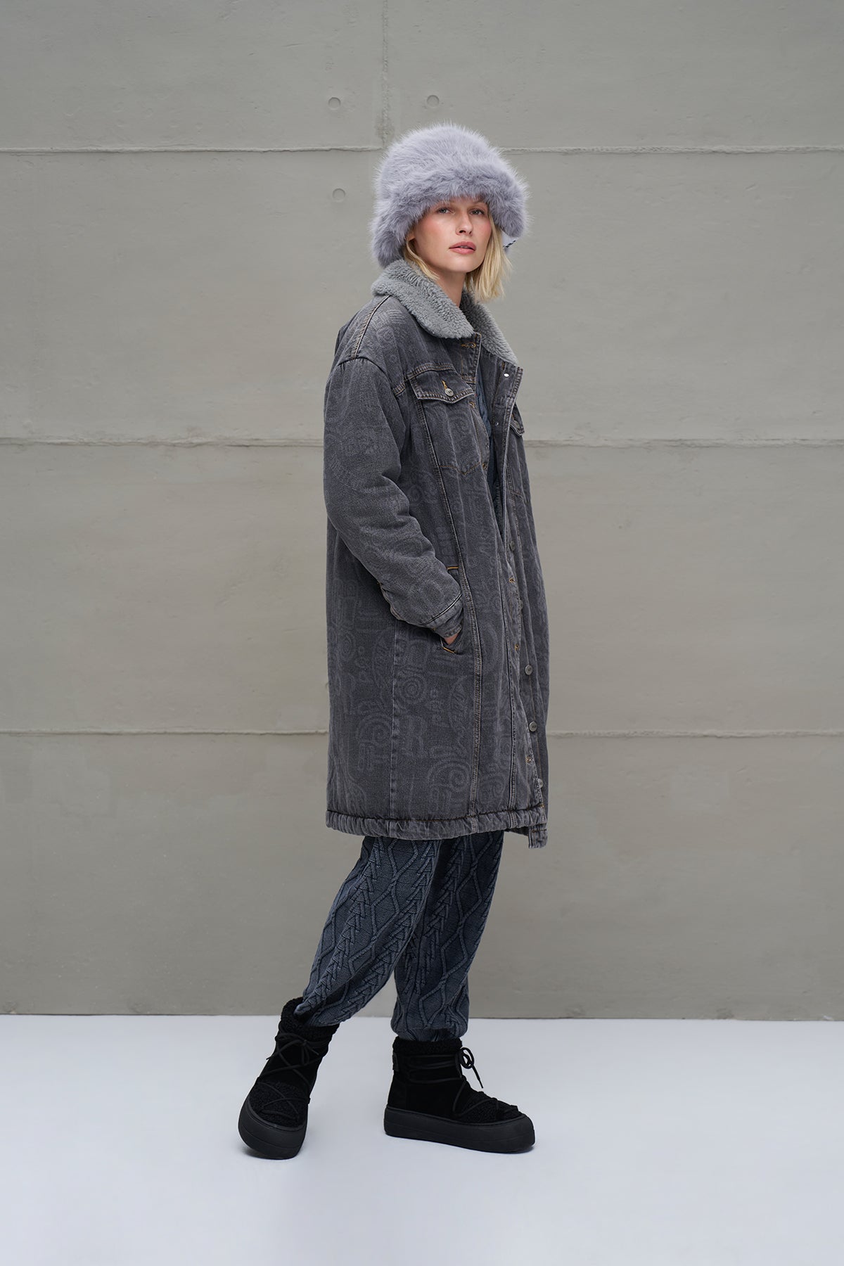 Anthracite Faux Fur Long Denim Coat 18098