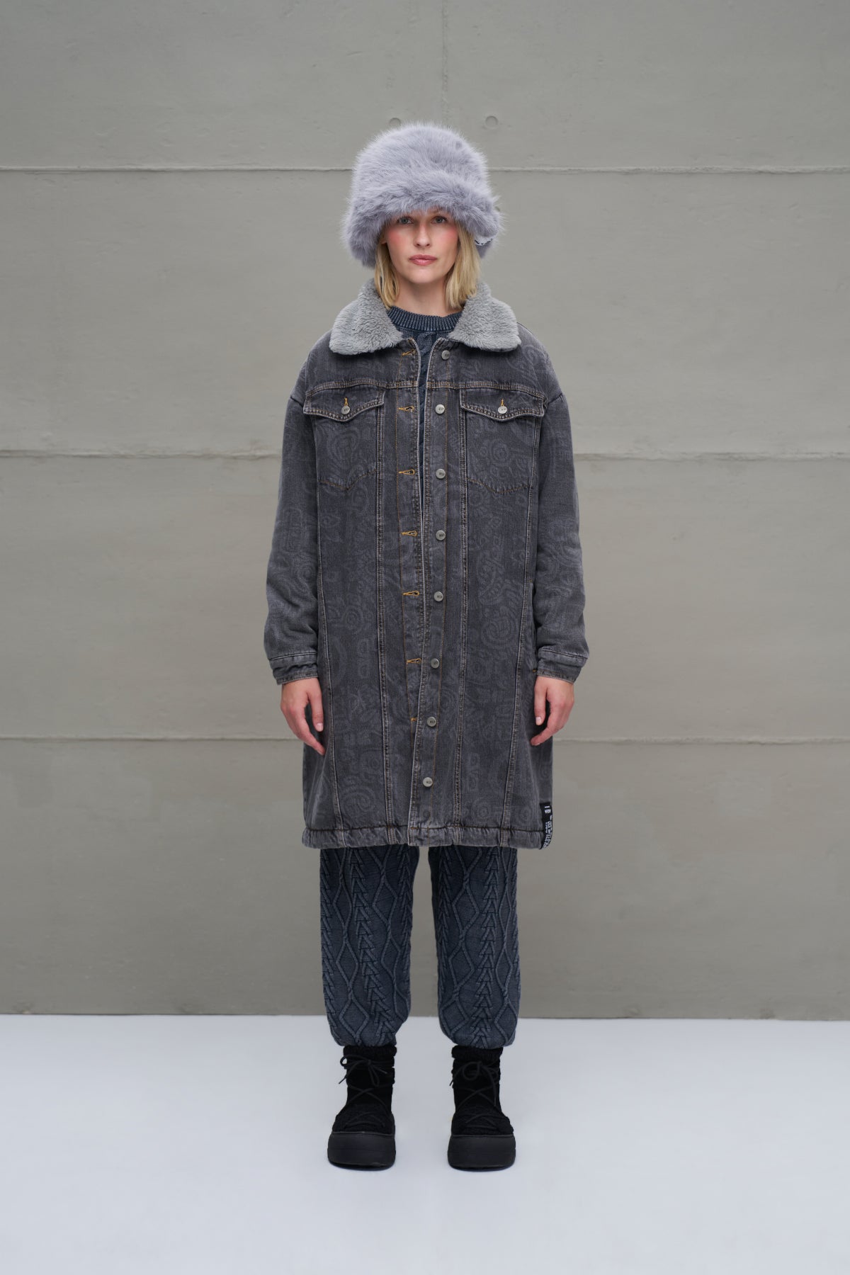 Anthracite Faux Fur Long Denim Coat 18098