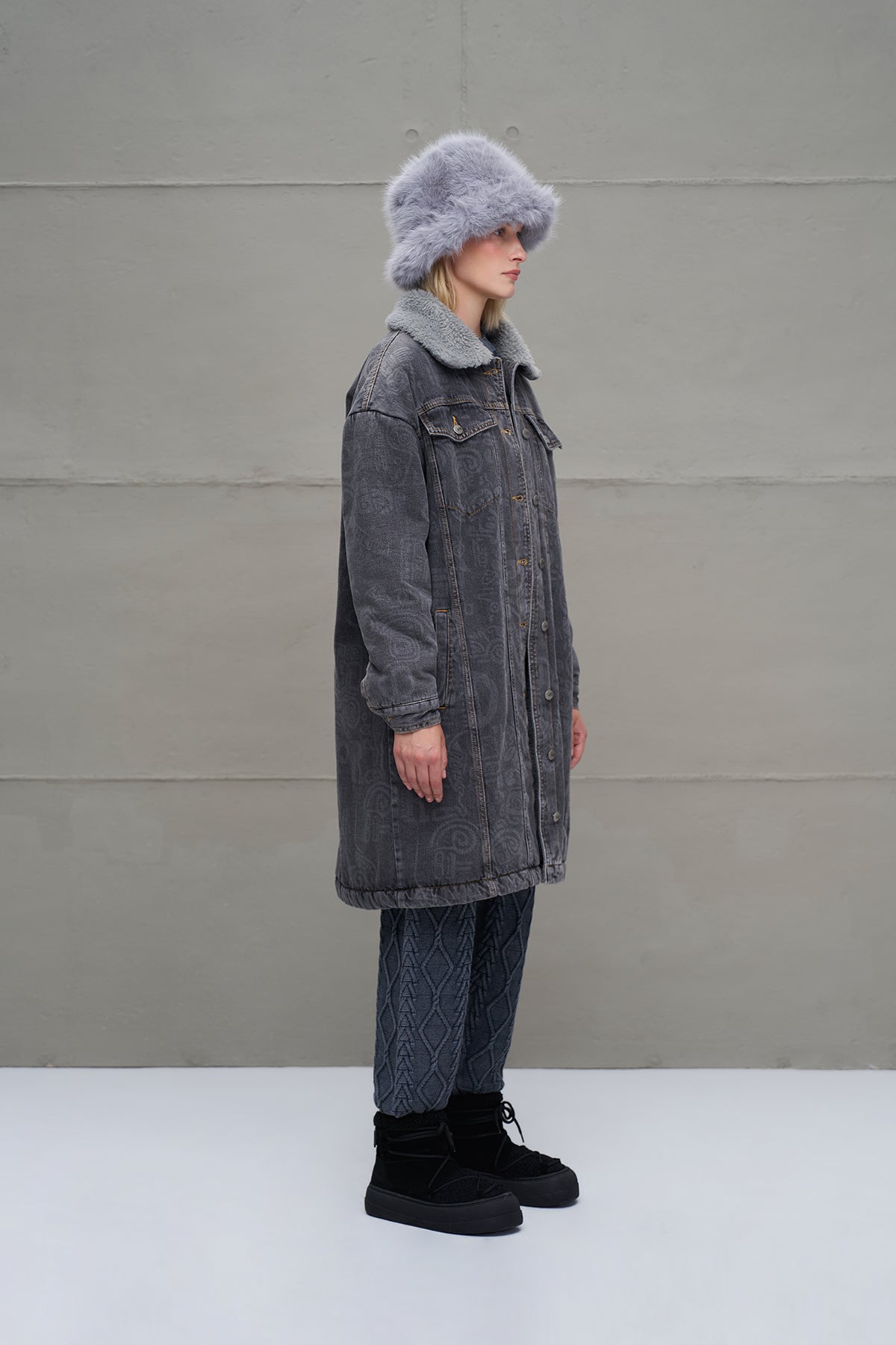 Anthracite Faux Fur Long Denim Coat 18098
