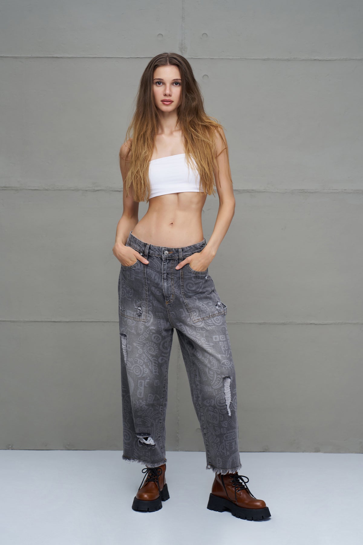 Grey Distressed Denim Trousers 18099