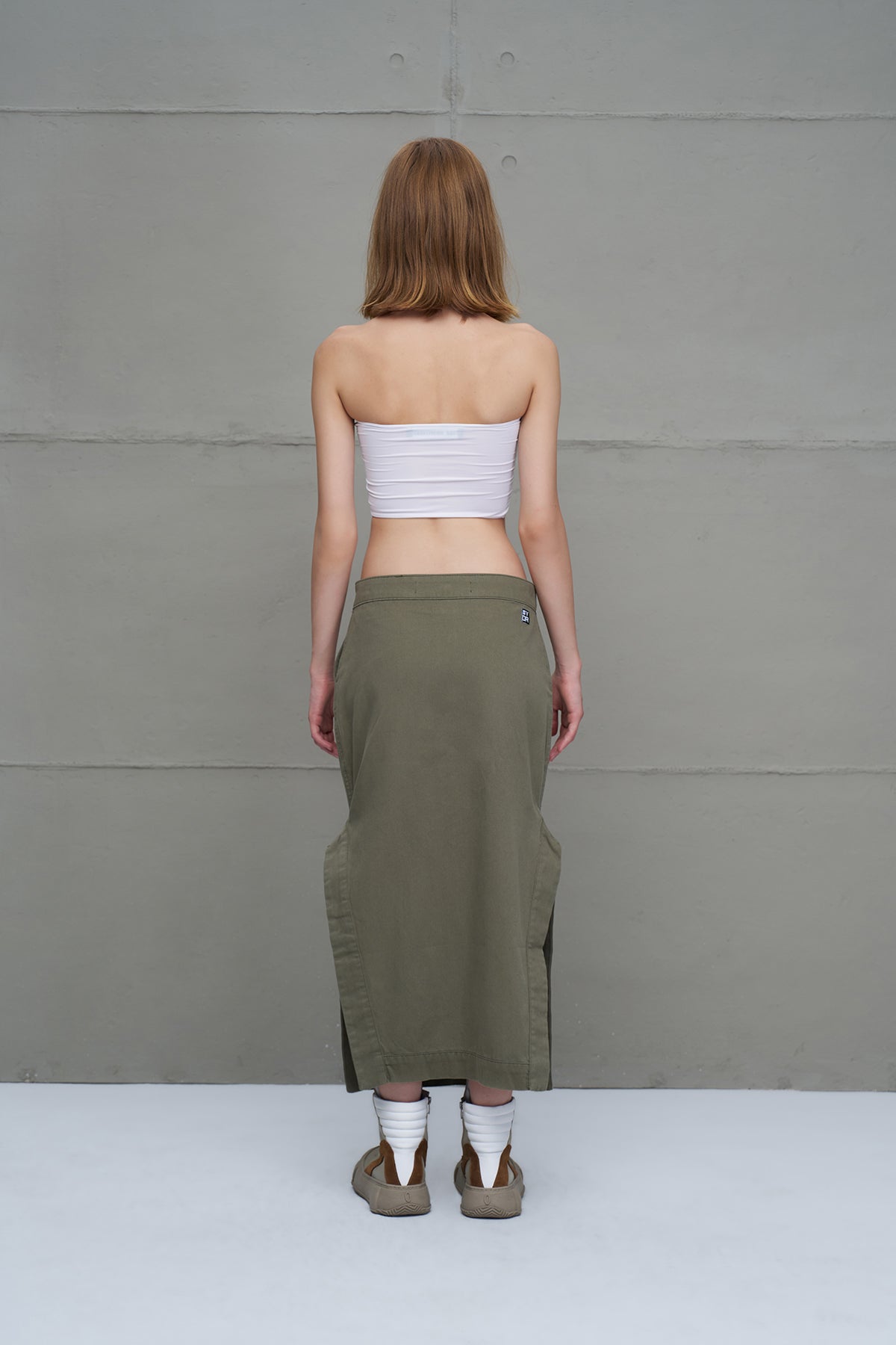 Khaki Slit Slim Fit Canvas Midi Skirt 18103