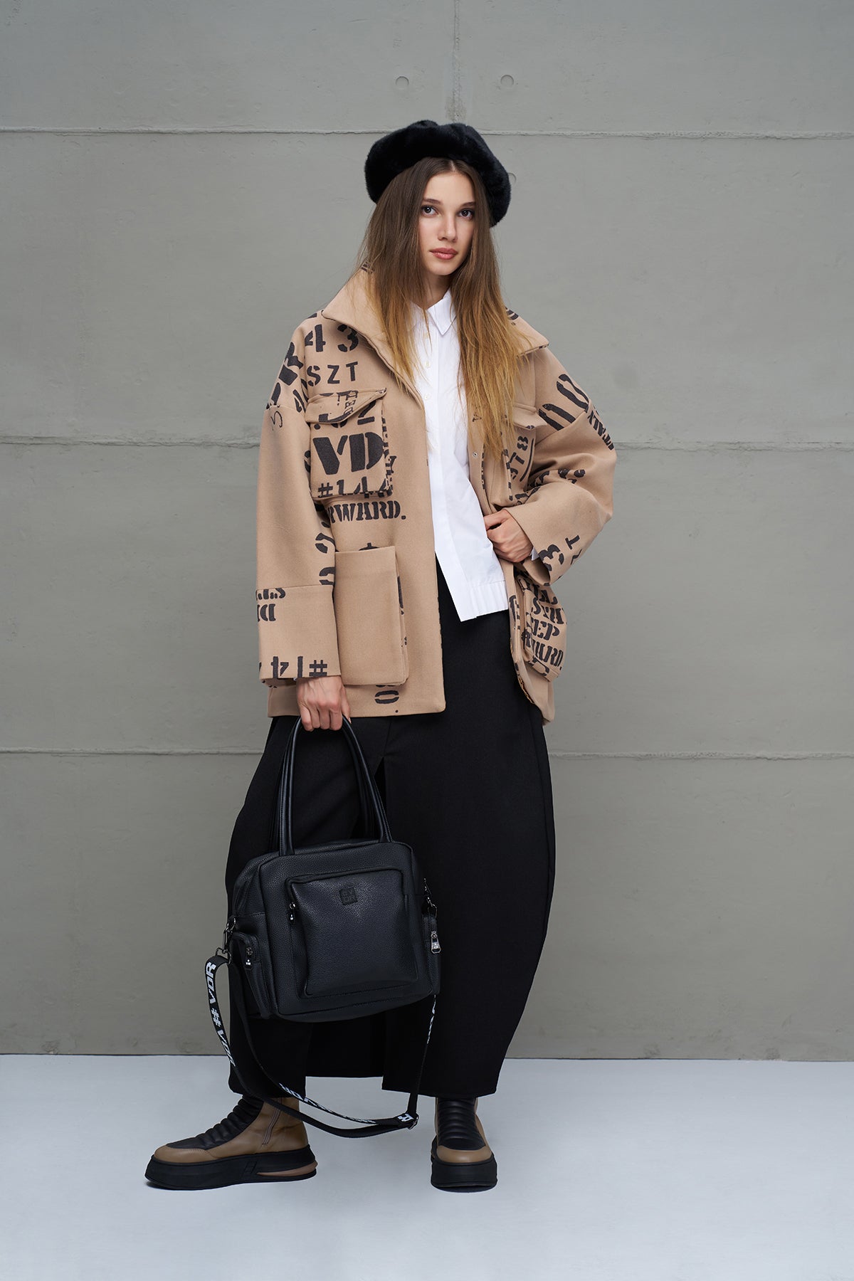Beige Black Patterned Oversized Jacket 18115