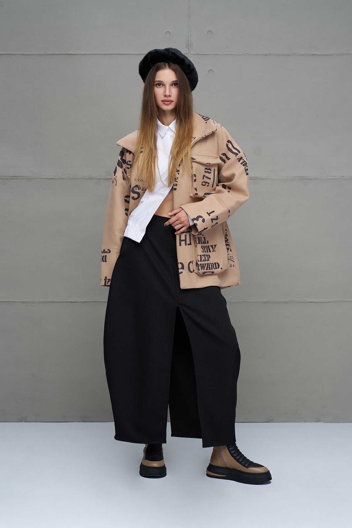 Beige Black Patterned Oversized Jacket 18115