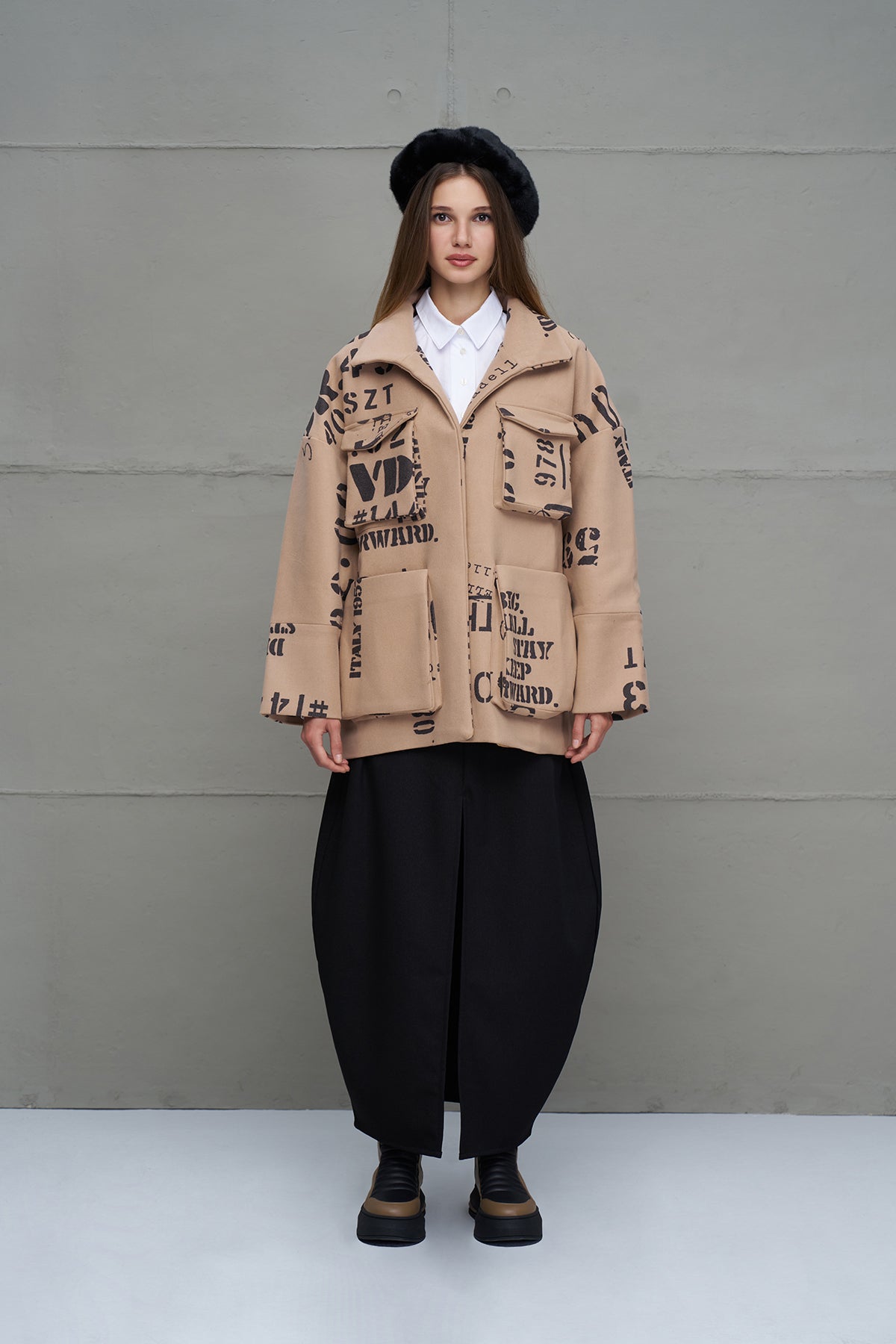 Beige Black Patterned Oversized Jacket 18115