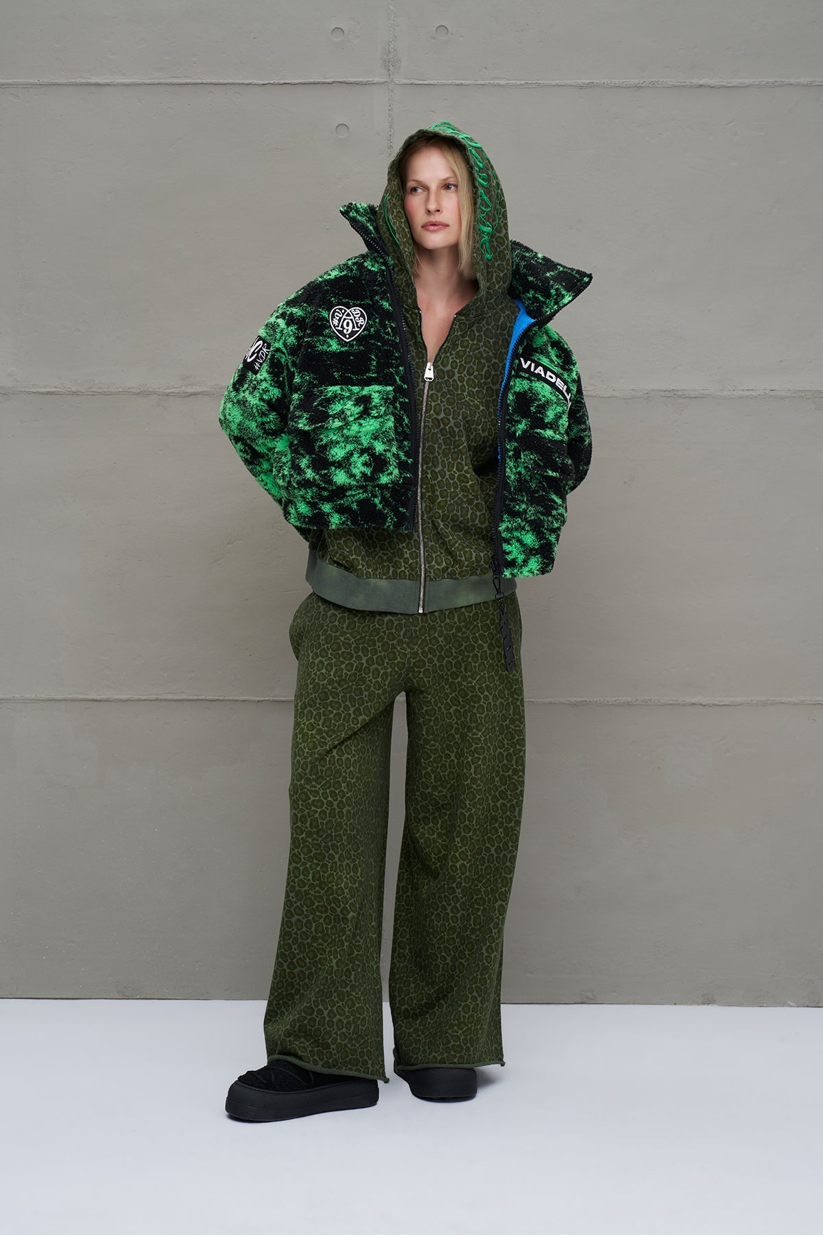 Black Neon Green Faux Fur Oversized Short Jacket 18131