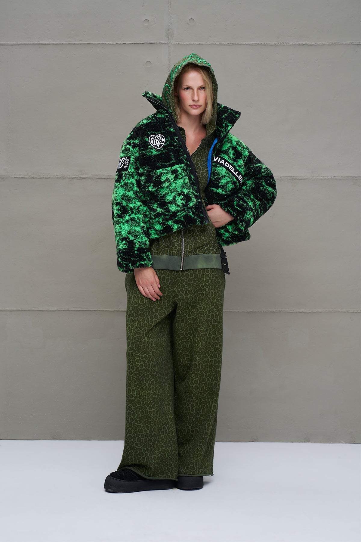 Black Neon Green Faux Fur Oversized Short Jacket 18131