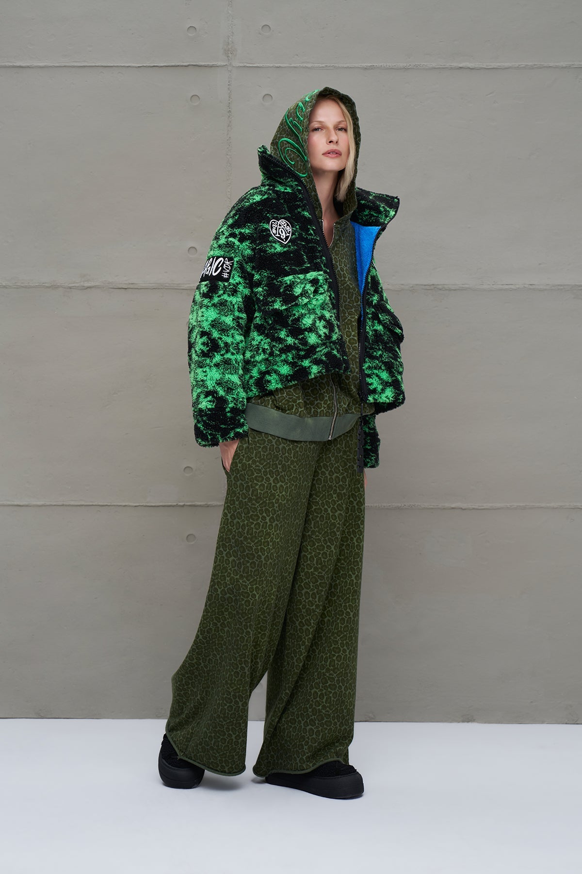 Black Neon Green Faux Fur Oversized Short Jacket 18131