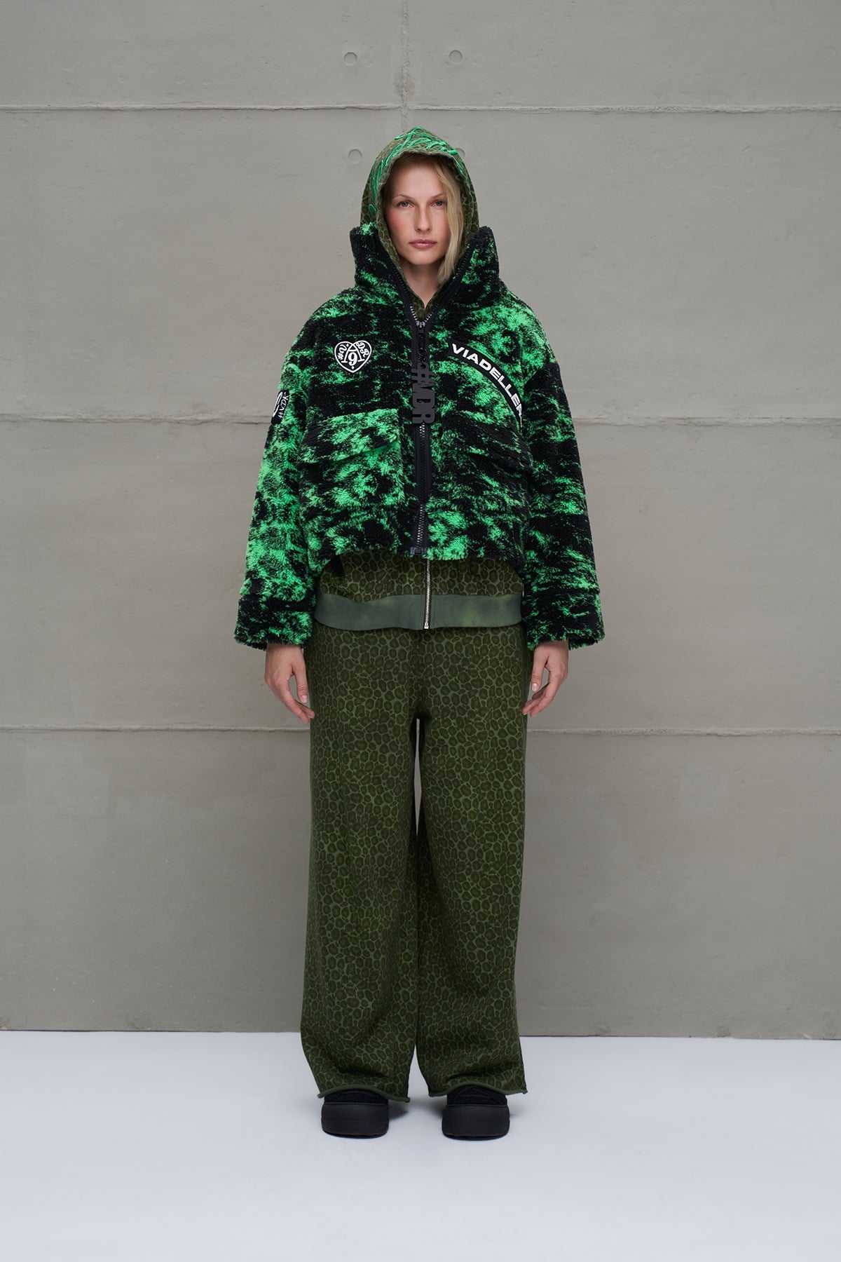 Black Neon Green Faux Fur Oversized Short Jacket 18131