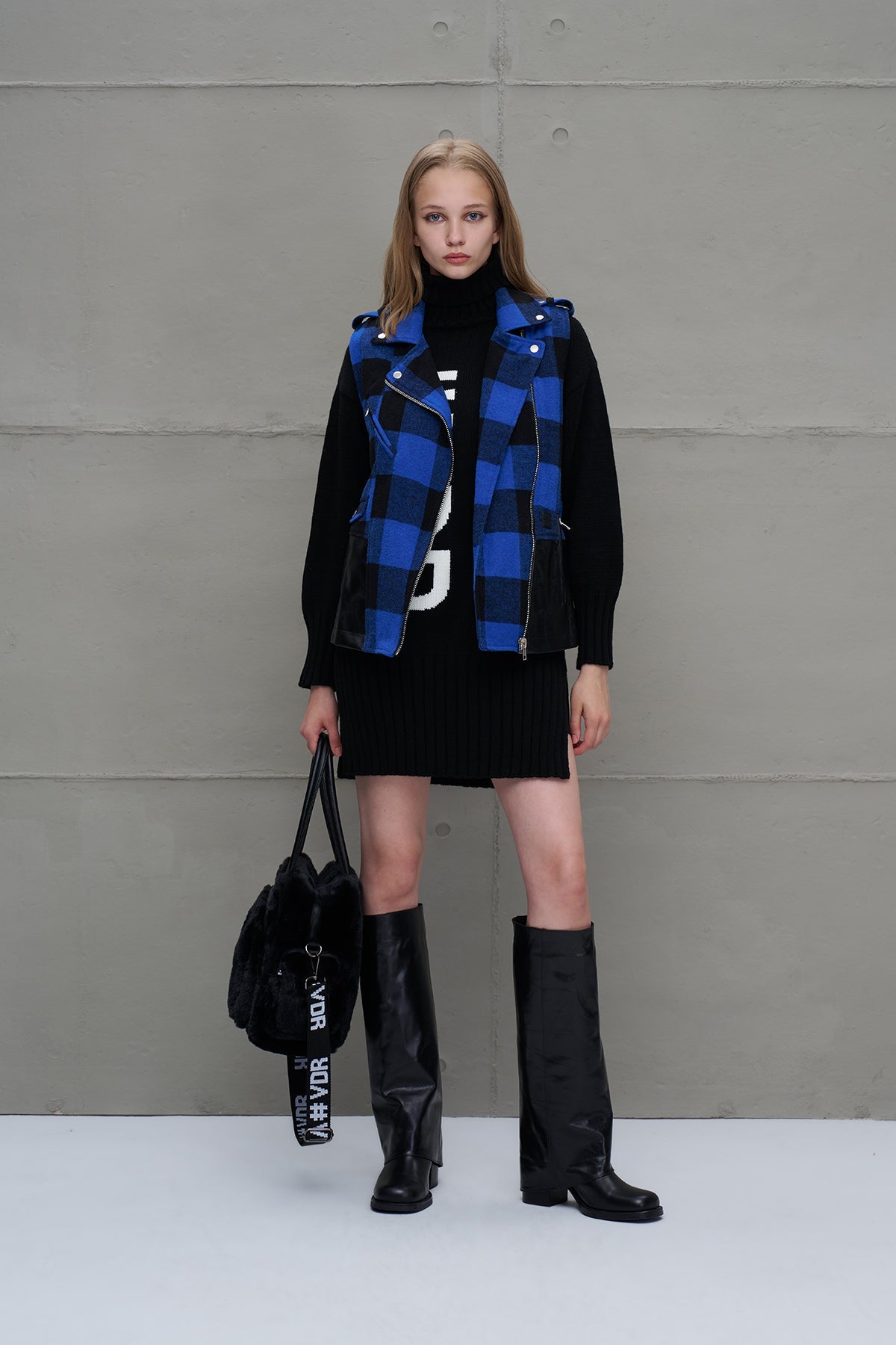 Blue Black Faux Leather Plaid Vest 18134