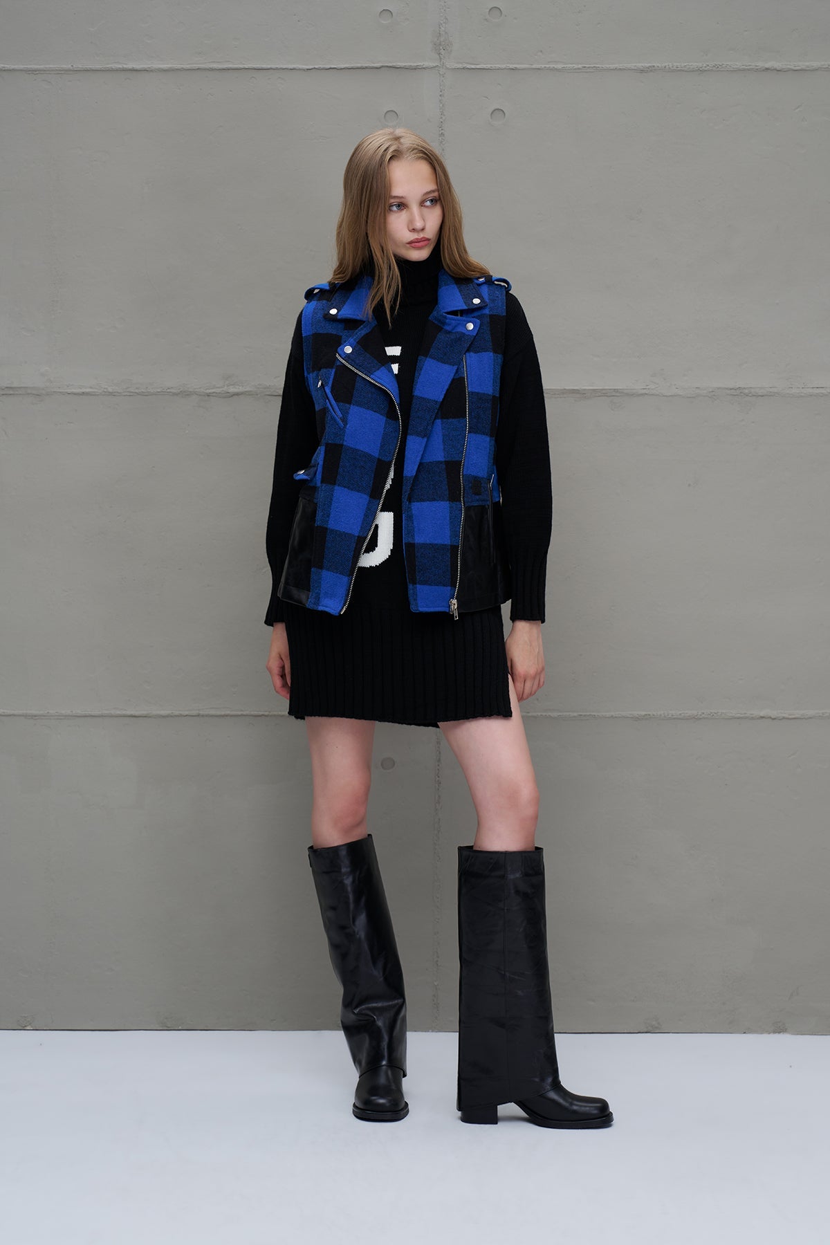 Blue Black Faux Leather Plaid Vest 18134