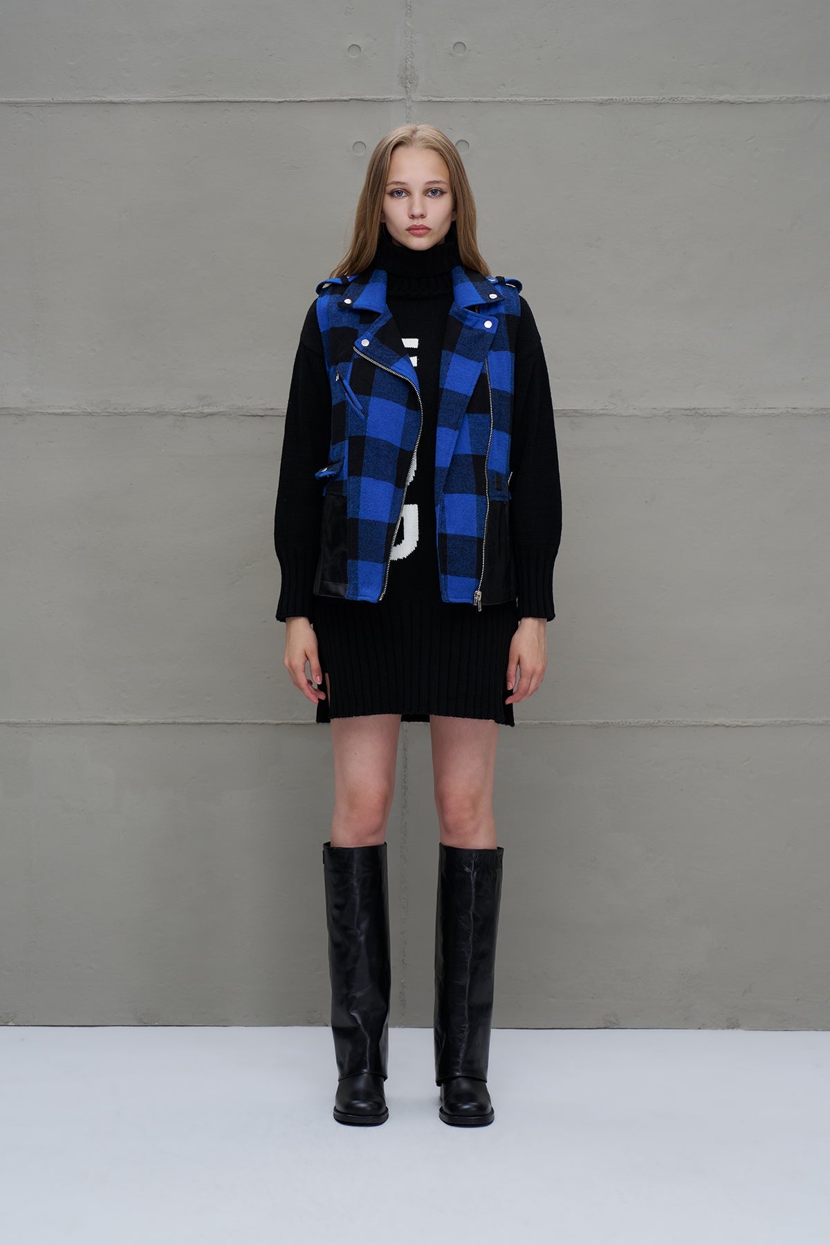 Blue Black Faux Leather Plaid Vest 18134