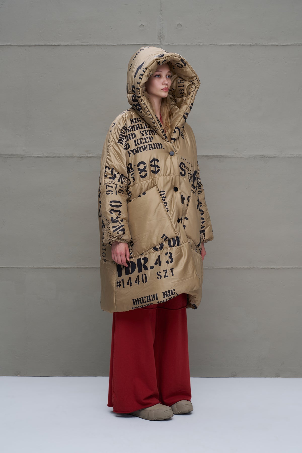 Beige Patterned Long Oversized Coat 18137