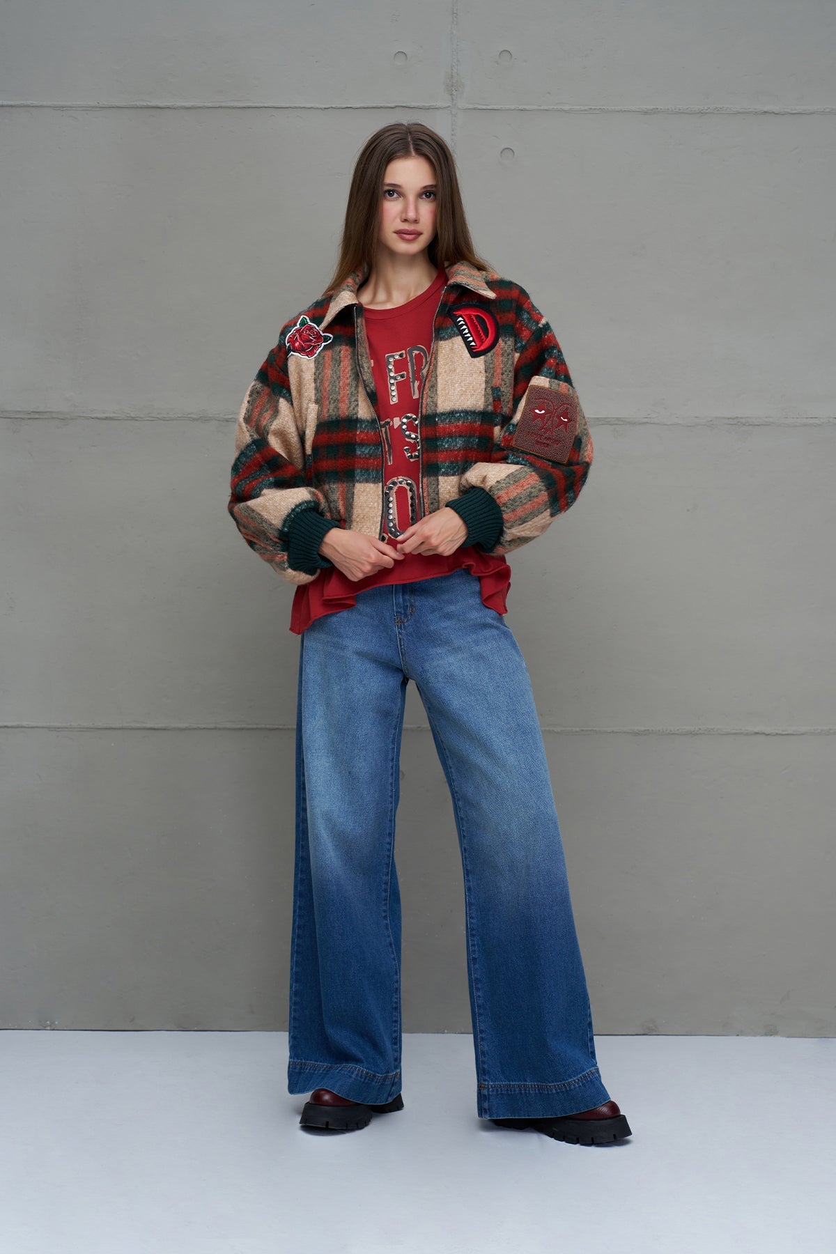 Beige Plaid Bomber Bomber Jacket 18142