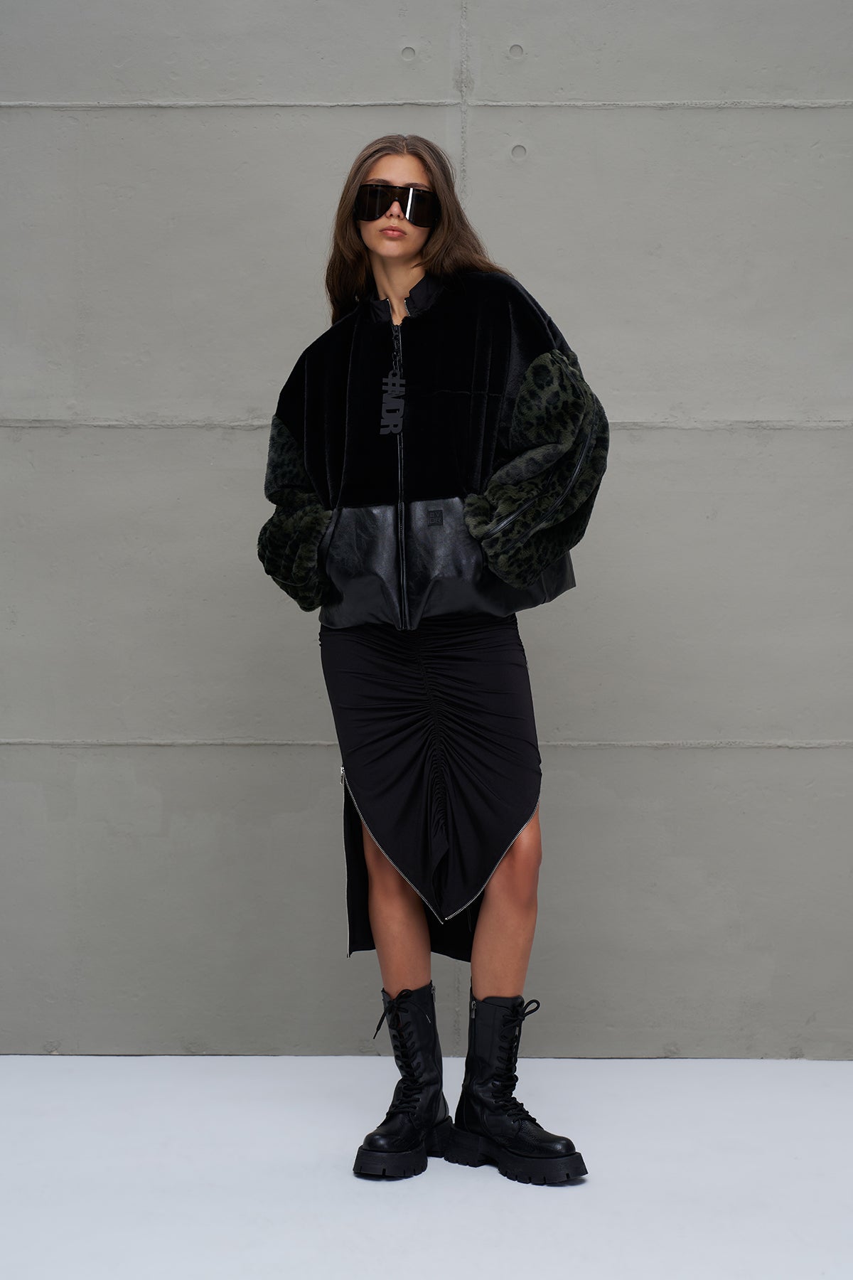 Black Green Faux Leather And Faux Fur Bomber Jacket 18143