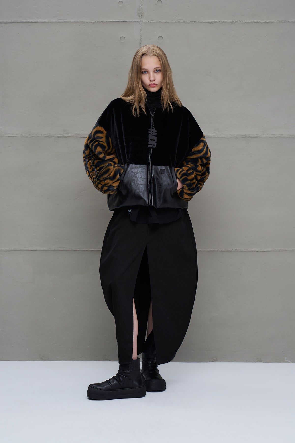 Black Camel Faux Leather And Faux Fur Bomber Jacket 18143