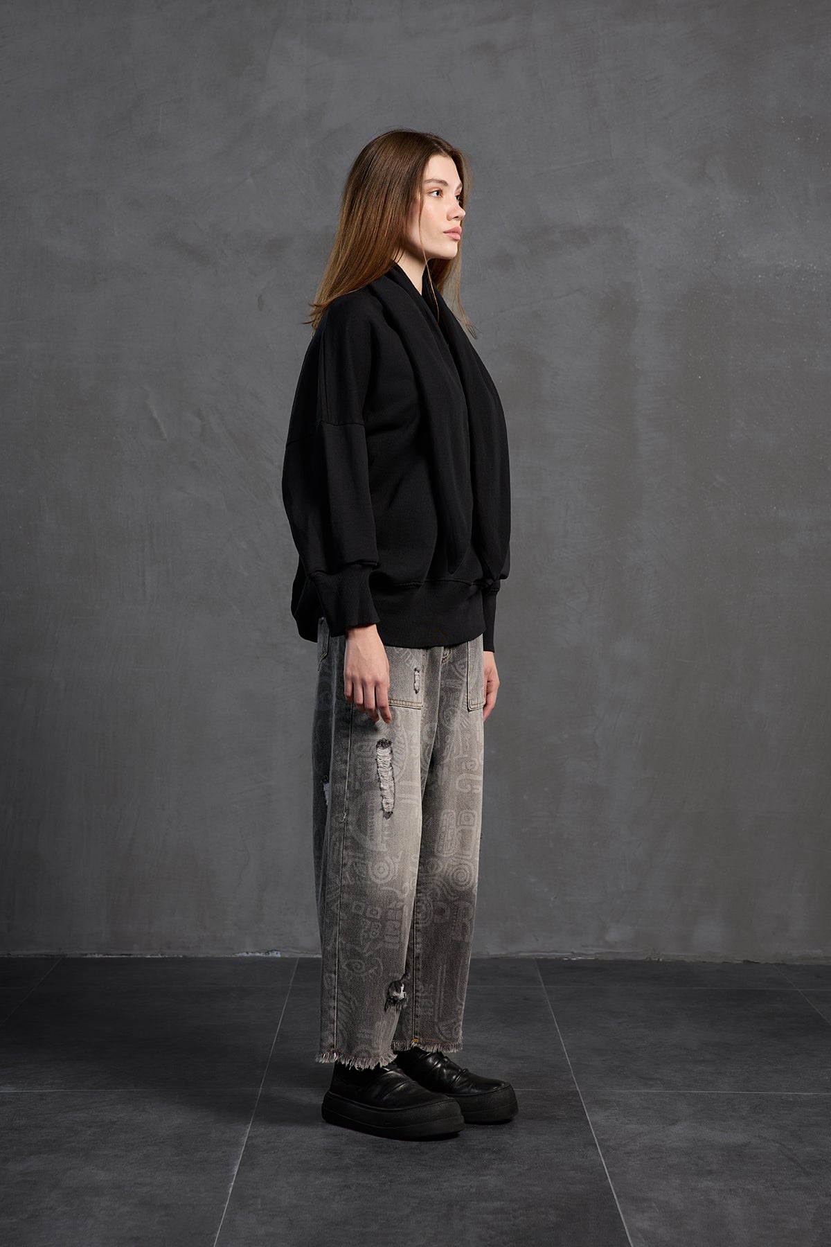 Black Shawl-detail Oversize Sweatshirt 18162