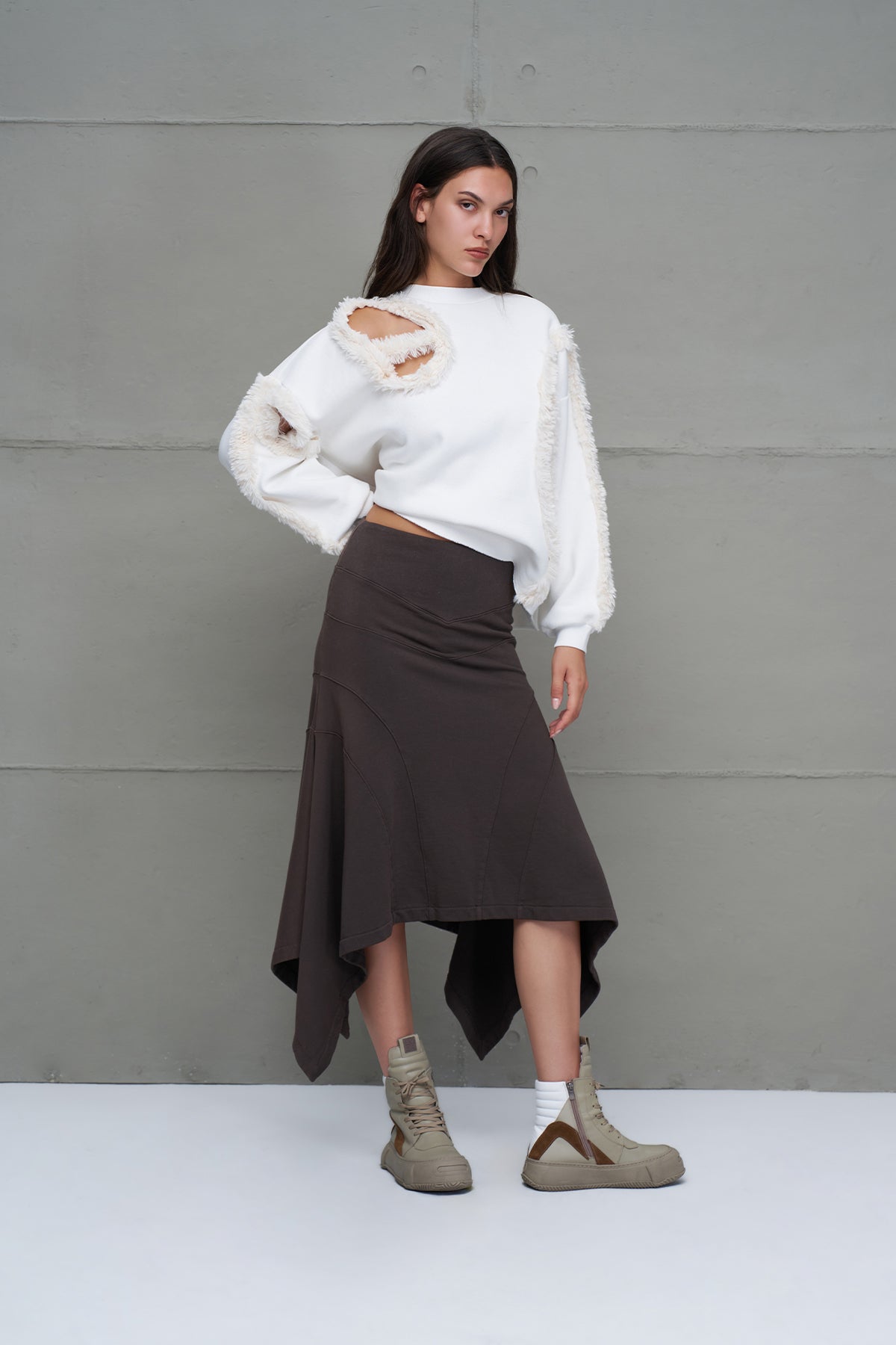 Brown Asymmetric Cut Midi Skirt 18167