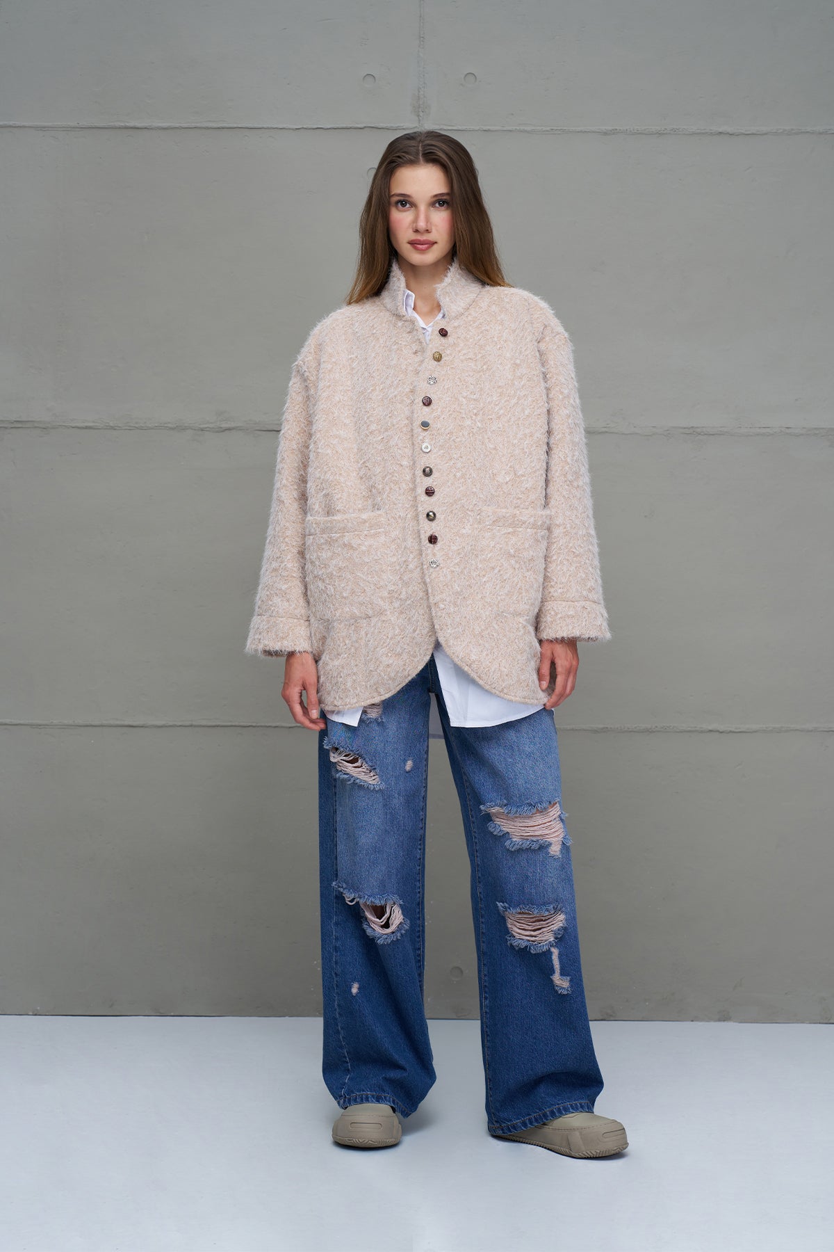 Beige Faux Fur Oversized Jacket 18187