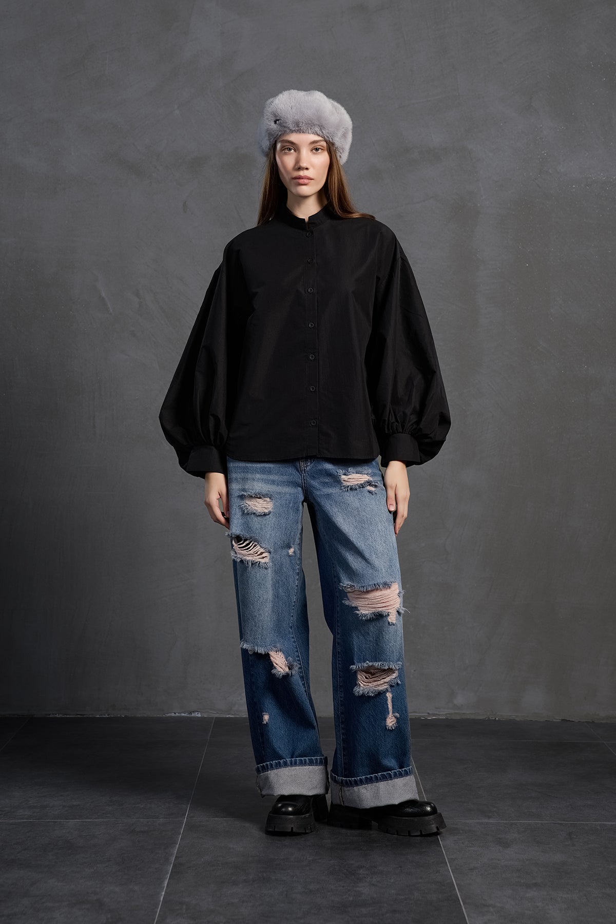 Black Balloon Sleeve Oversize Poplin Shirt 18195