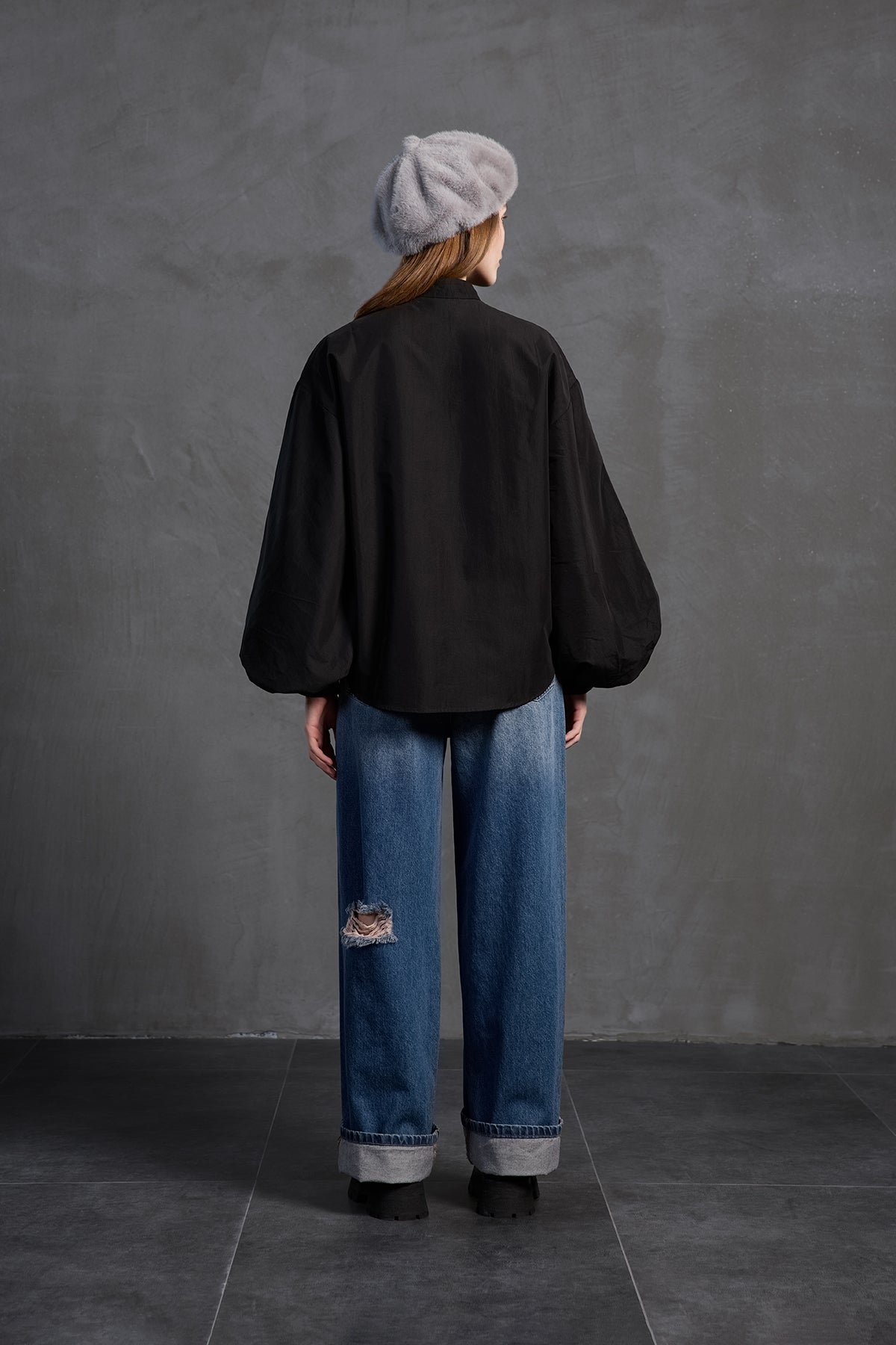 Black Balloon Sleeve Oversize Poplin Shirt 18195